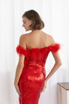 F & P 883015 Sequin feather bardot dress Red