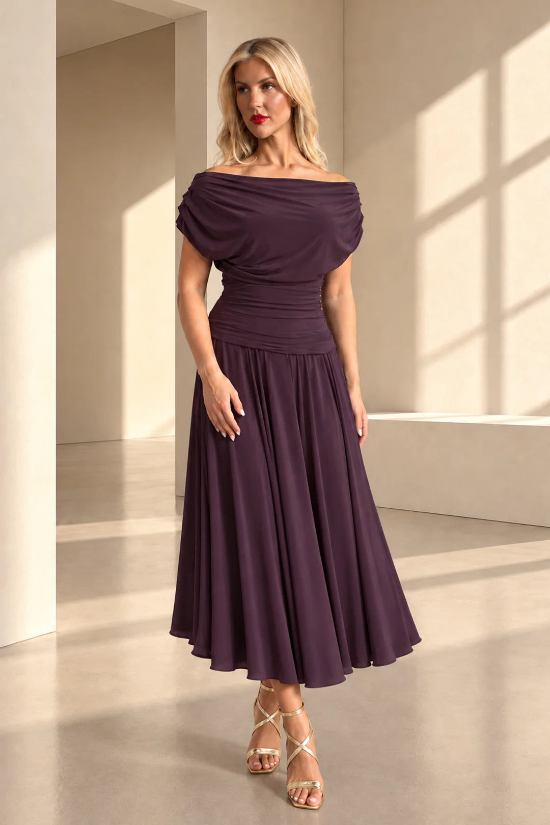 ATOM LABEL CARBON TEA LENGTH DRESS IN BLACKCURRANT