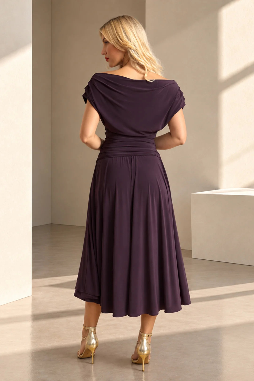 ATOM LABEL CARBON TEA LENGTH DRESS IN BLACKCURRANT