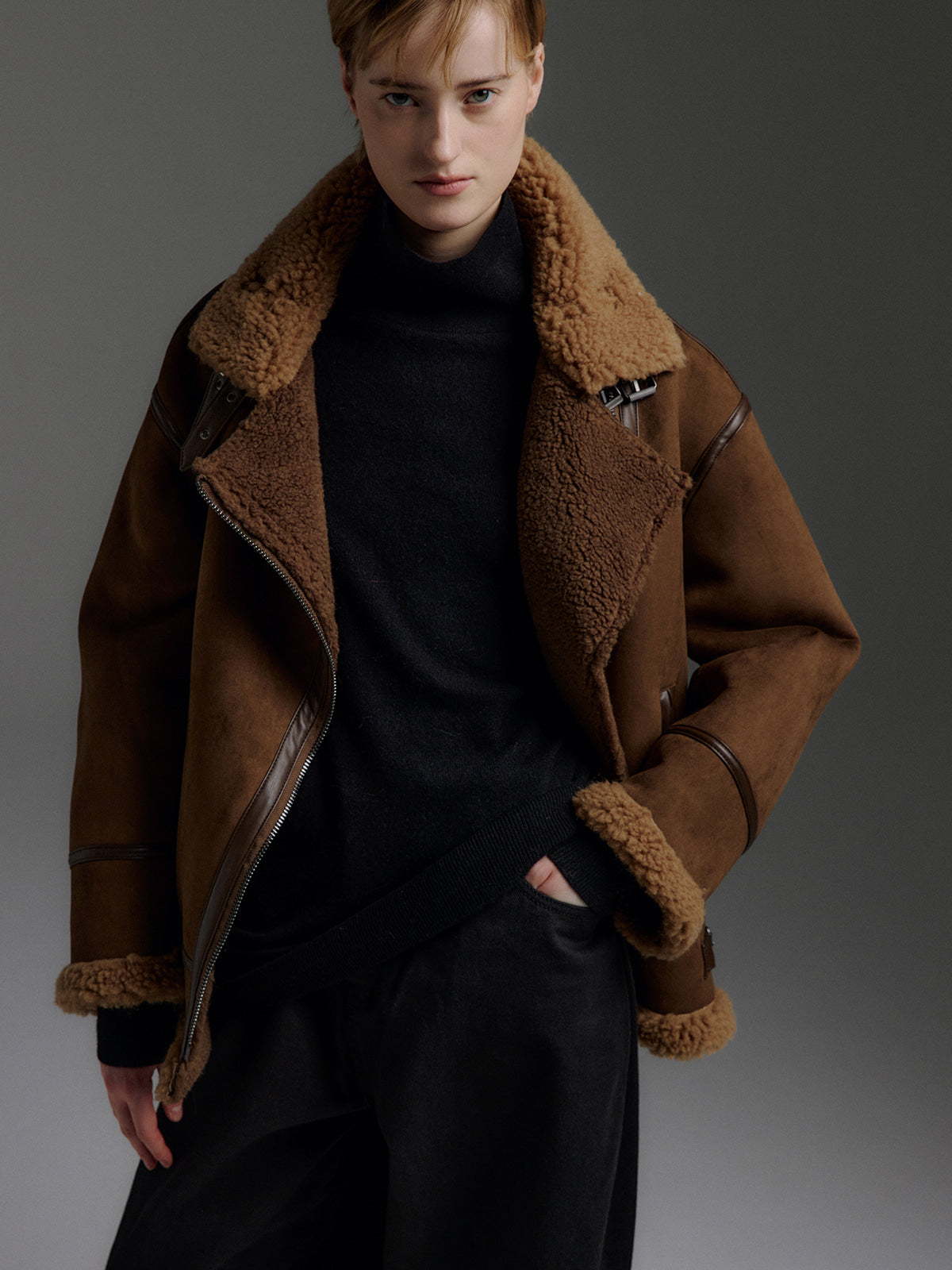MOLLIOLLI VELIN Reversible Faux Suede Shearling Jacket