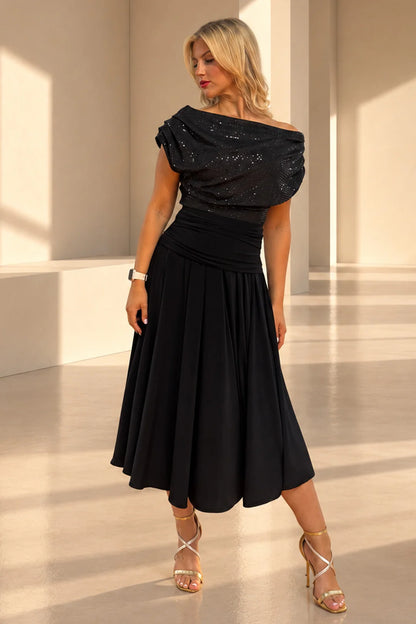 ATOM LABEL CARBON TEA LENGTH DRESS IN BLACK SEQUIN & BLACK