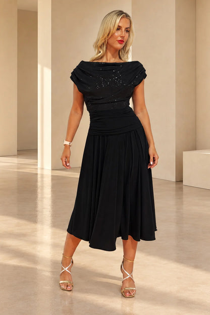 ATOM LABEL CARBON TEA LENGTH DRESS IN BLACK SEQUIN & BLACK