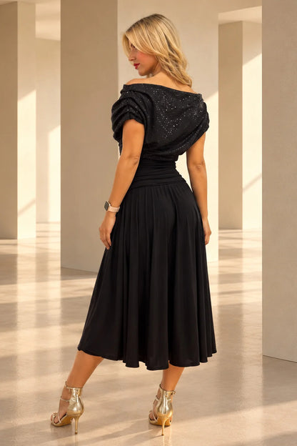 ATOM LABEL CARBON TEA LENGTH DRESS IN BLACK SEQUIN & BLACK