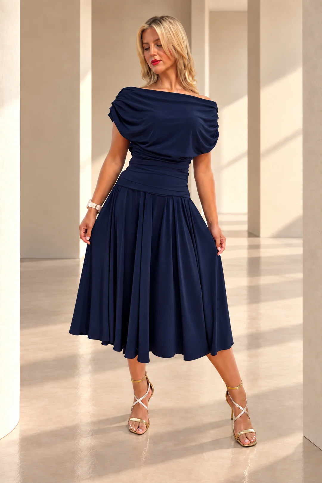 ATOM LABEL CARBON TEA LENGTH DRESS IN NAVY