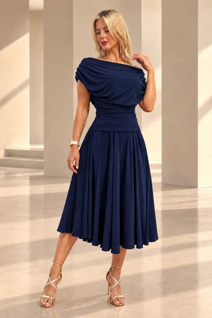 ATOM LABEL CARBON TEA LENGTH DRESS IN NAVY