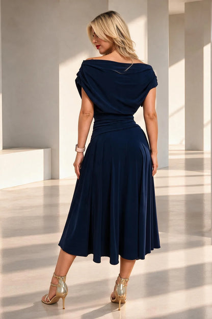 ATOM LABEL CARBON TEA LENGTH DRESS IN NAVY