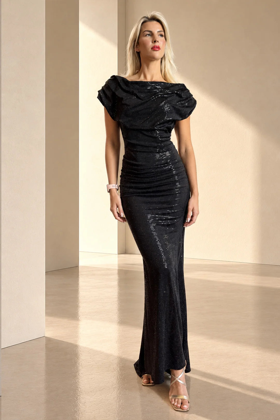 ATOM LABEL PLATINUM GOWN IN BLACK SEQUIN SPARKLE