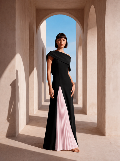 Carla Ruiz 53044 Pleated maxi dress with keel. Black/pink
