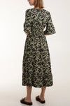 QED LEAF PRINT SHIRRED WAIST STRETCH MIDI DRESS