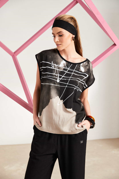 NAYA NAS25205 Spray border drizzle print round neck sleeveless top