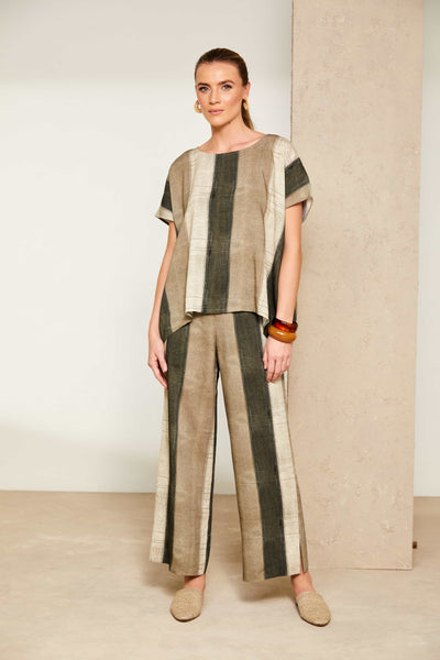 Naya NAS25270 Wide stripe scratch print crop trouser with slit in side seam