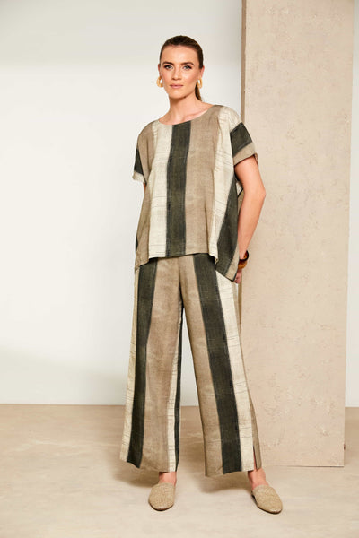 Naya NAS25270 Wide stripe scratch print crop trouser with slit in side seam