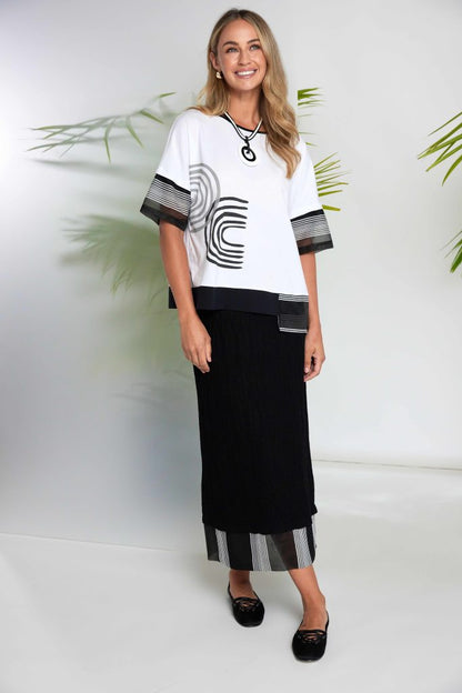 NAYA 26259 Placement Print Top With Stripe Hem Panel And Cuff