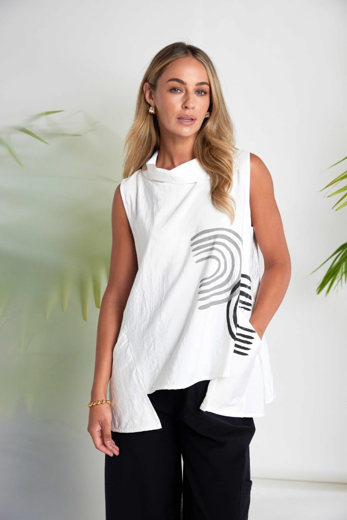 NAYA 26261 Placement Print Top With Collar And Cut Out Hem