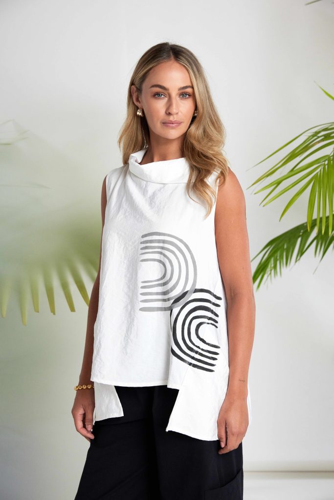 NAYA 26261 Placement Print Top With Collar And Cut Out Hem