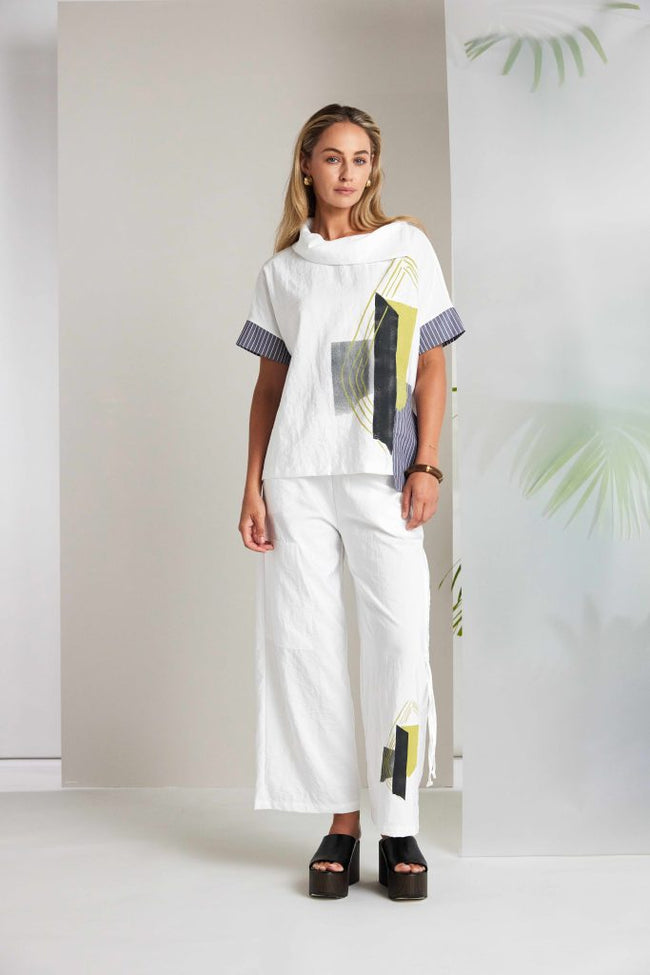 NAYA 26267 Placement Print Collar Top With Stripped Sections