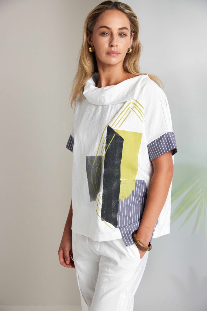 NAYA 26267 Placement Print Collar Top With Stripped Sections