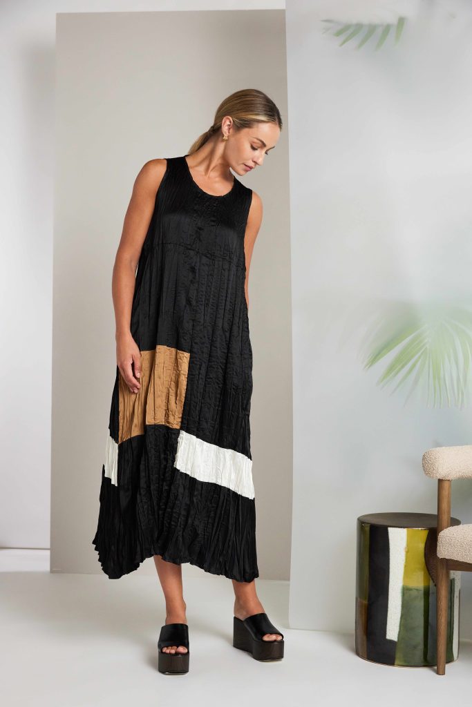 NAYA 26288 Neck Crushed Dress With Colour Bands