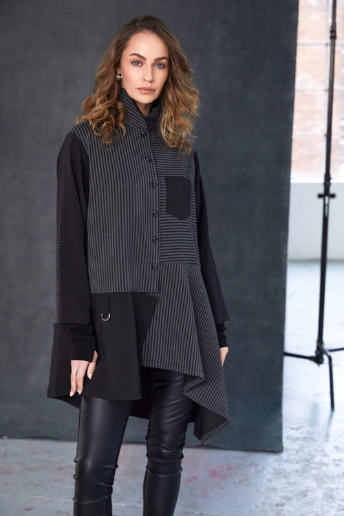 NAYA 2519 Stripped blouse with angled hem and contrast sleeve plus panels