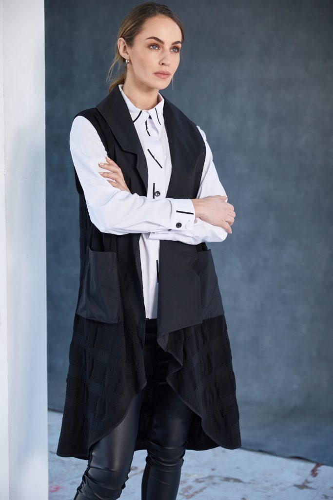 NAYA 25195 long line waistcoat with dipped hem metal collar and pocket