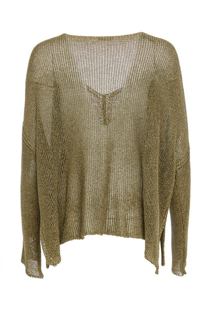 NAYA NAW25327 loose weave V neck knit with layed on sections