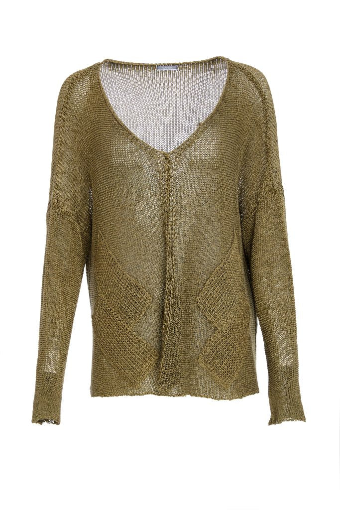 NAYA NAW25327 loose weave V neck knit with layed on sections
