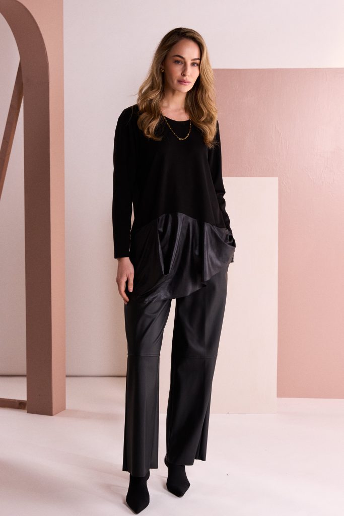 Naya NAW26182 Round Neck Top With Draped Leatherette Look Hem band