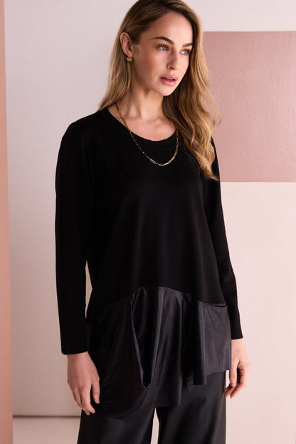 Naya NAW26182 Round Neck Top With Draped Leatherette Look Hem band