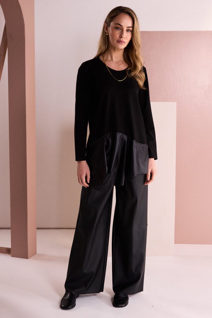 Naya NAW26182 Round Neck Top With Draped Leatherette Look Hem band