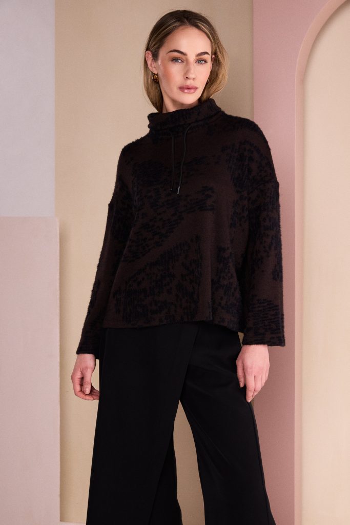 Naya NAW26238 Flocked Placement Print High Neck Knit Top
