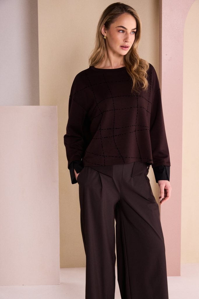 Naya NAW26316 Round Neck Top With Flocking Stitch Detail