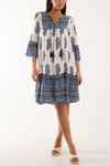 MIX PRINT BARDOT TASSEL SMOCK DRESS