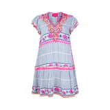 Place Du Soleil Ikat Blue & Pink Flowers Short Dress