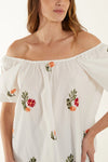 EMBROIDERED FLOWER PUFF SLEEVE BARDOT TOP