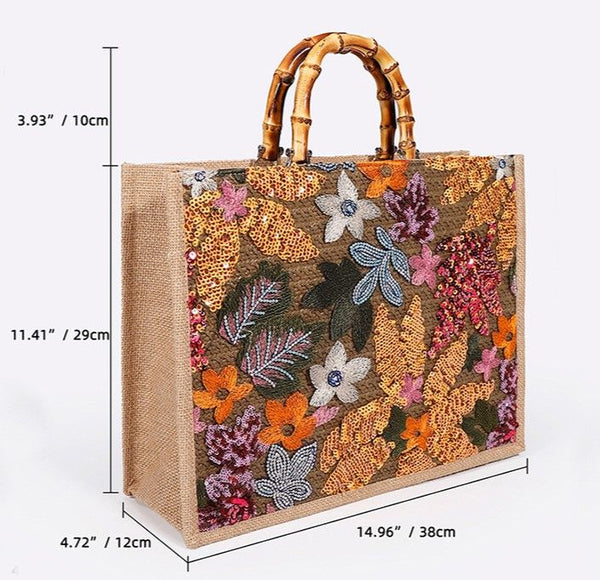 Floral Sequin Embroidery Beach Straw Bag in Black/Pink AY192