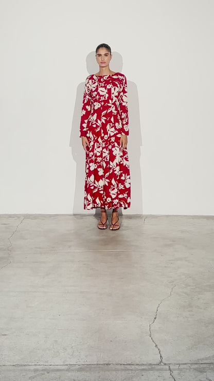 MIOH Cordelia dress. Long red dress with white print