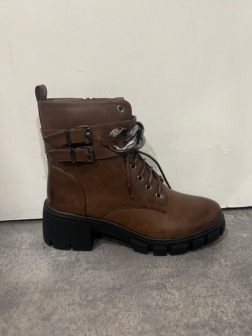 Brown lace up chain boot.