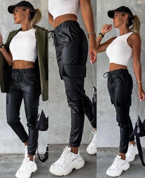 Faux leather joggers with pockets