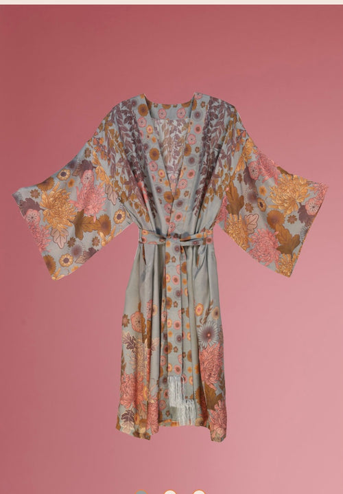 Powder trailing wisteria kimono gown